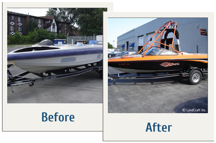 Before and after picture of a boat restoration and color change