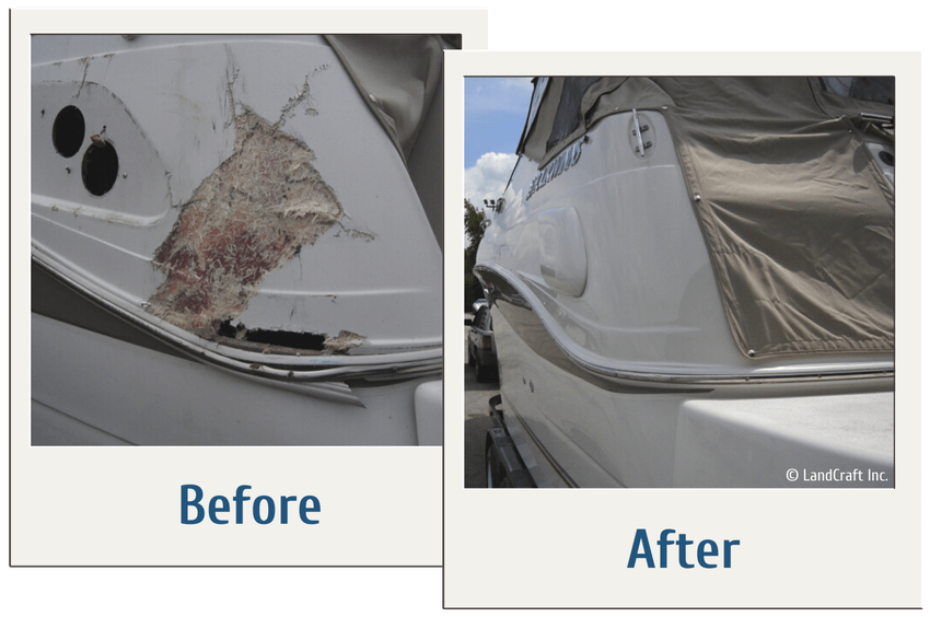 Before and after picture of boat fiberglass repair