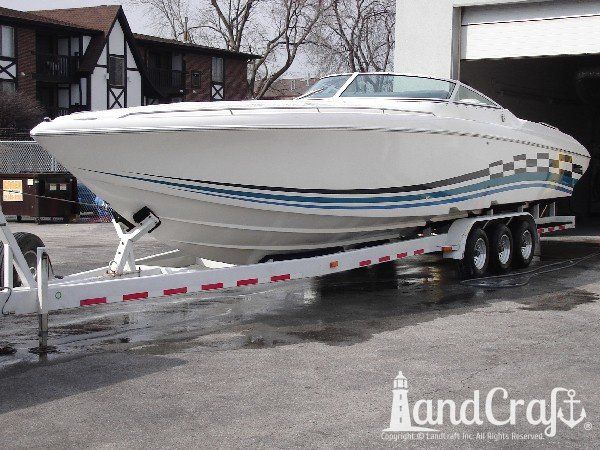 High performance boat getting multiple areas of gelcoat repaired