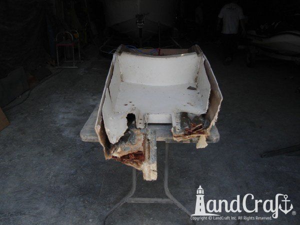 Damaged anchor pulpit in the workshop for repair