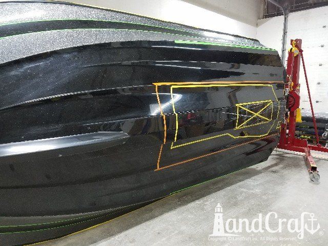 Severe grounding damage on the bottom of fiberglass fishing boat