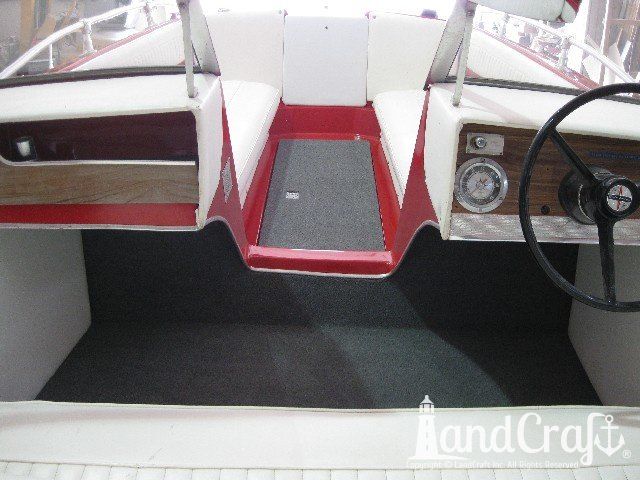 Glastron boat restoration completed with white interior and gray carpeting