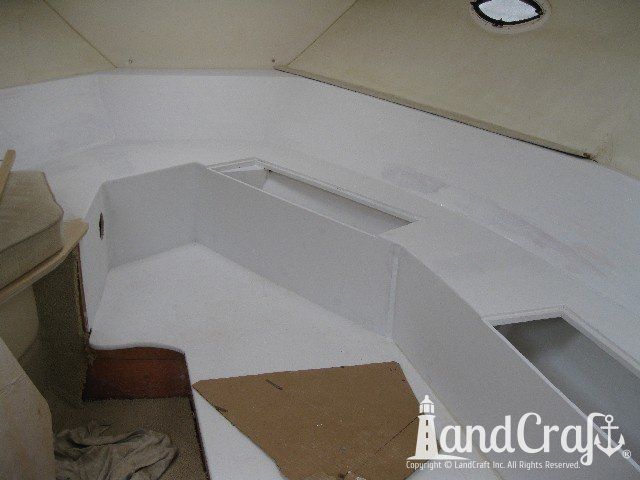 Maxum 3300 boat interior in process of redesign and reconfiguration