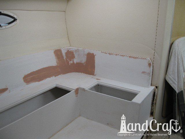 Maxum 3300 boat interior in process of redesign and reconfiguration