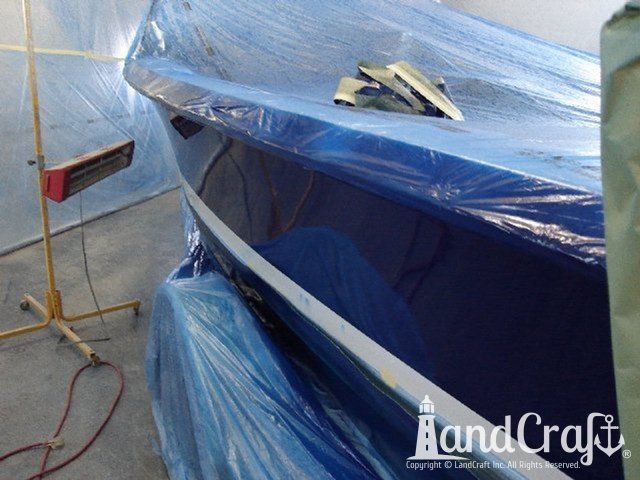 Ski Nautique in process of exterior color change from light blue to dark navy blue