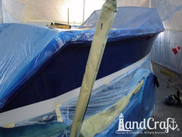 Ski Nautique in process of exterior color change from light blue to dark navy blue