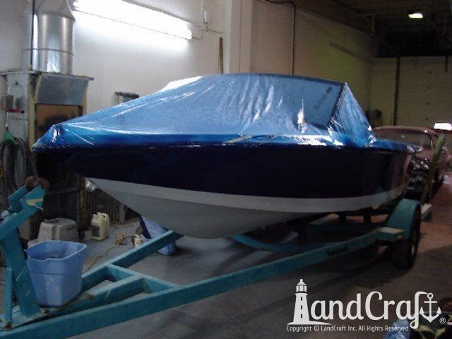 Ski Nautique in process of exterior color change from light blue to dark navy blue