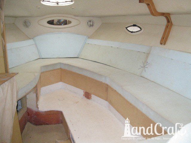 Maxum 3300 boat interior in process of redesign and reconfiguration