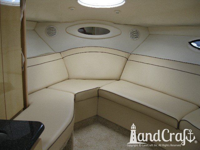 Maxum 3300 boat interior newly configured interior with new upholstery installed