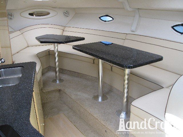 Maxum 3300 boat interior newly configured interior with new upholstery and custom granite tables installed