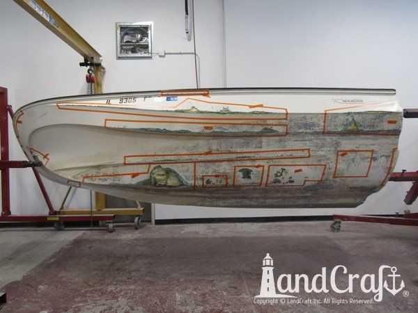 Grounding damage with holes on bottom hull of a fiberglass Boston Whaler boat