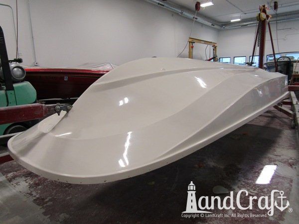 Boston Whaler with gelcoat refinishing completed on the bottom hull