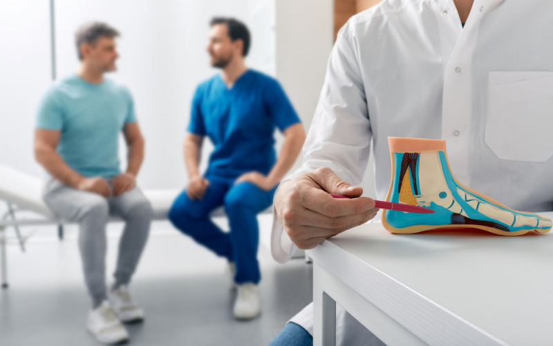 Doctor pointing to a foot model while discussing ankle structure and care during a consultation.