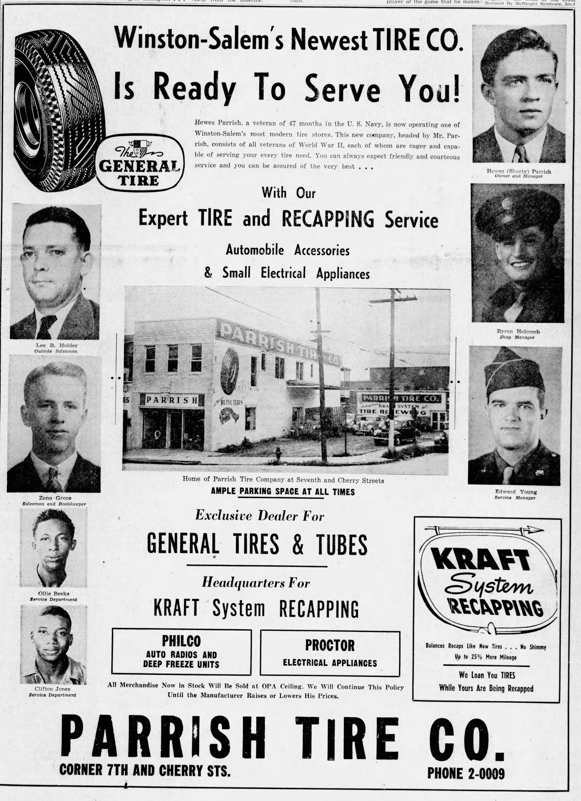 Advertisement for Parrish Tire Co. in Winston-Salem, showing tires, building, and portraits of company employees.