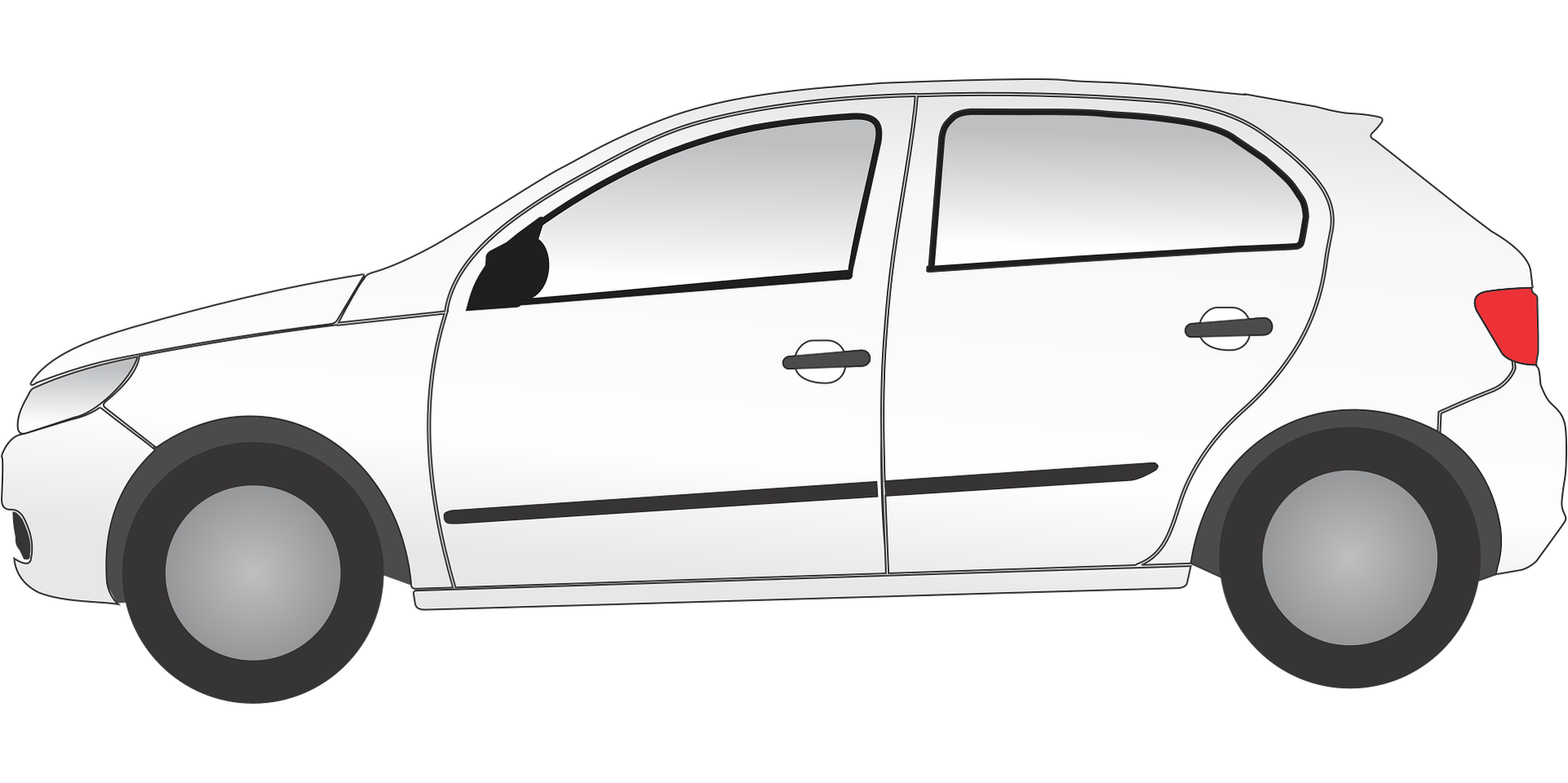 White hatchback car, side view. Dark wheels, black trim, tinted windows, and red tail light.
