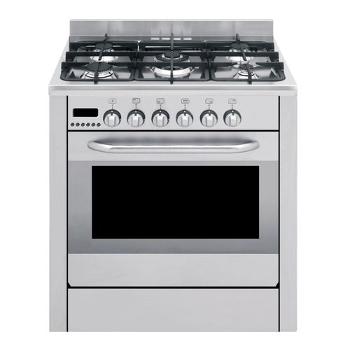A stainless steel stove with four burners and an oven