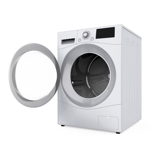 A white washing machine with its door open on a white background