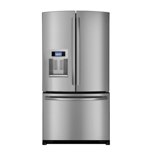 A stainless steel refrigerator freezer with a water dispenser on a white background.
