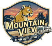 Mountain View RV Park and Restaurant logo featuring a cougar, mountains, RV, and sunset in Arco, Idaho.