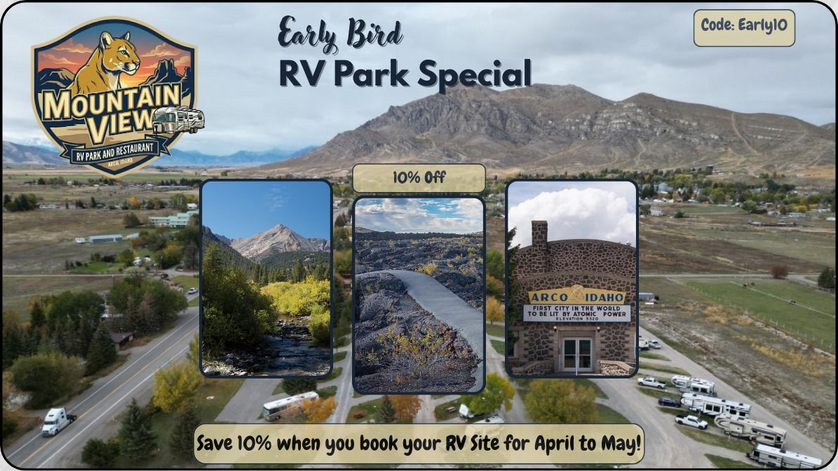RV park special: Mountain View RV Park advertisement with scenic landscape and 10% off for April/May bookings.