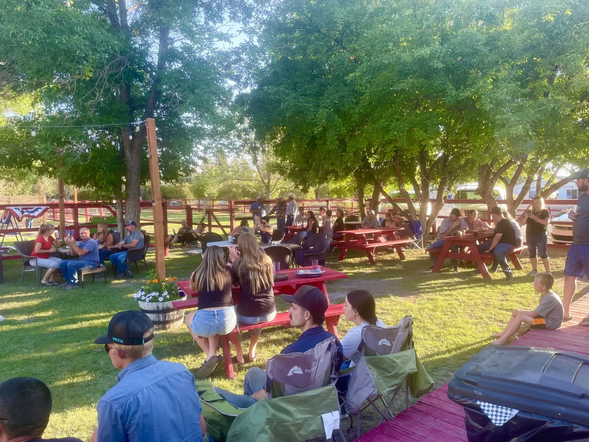 People gathered outdoors at picnic tables and on chairs, under trees, enjoying a social event.