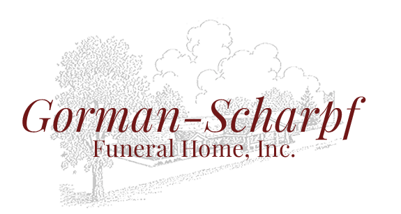 Gorman-Scharpf Funeral Home logo with stylized trees, clouds, and text in maroon.