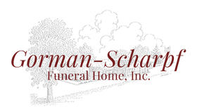 Gorman-Scharpf Funeral Home logo with stylized trees, clouds, and text in maroon.