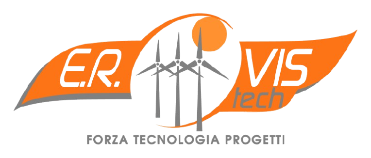 Logo ER VIS Tech in arancione e grigio con turbine eoliche e lo slogan “Forza tecnologia progetti”
