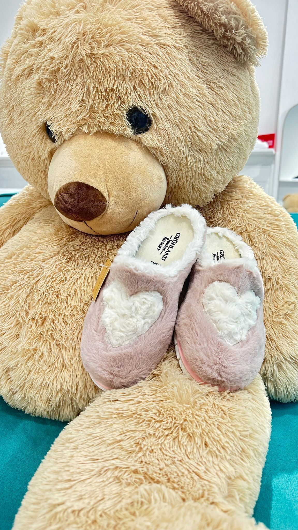 Orsacchiotto che tiene in mano un paio di pantofole rosa con decorazioni a forma di cuore bianco su una superficie blu.