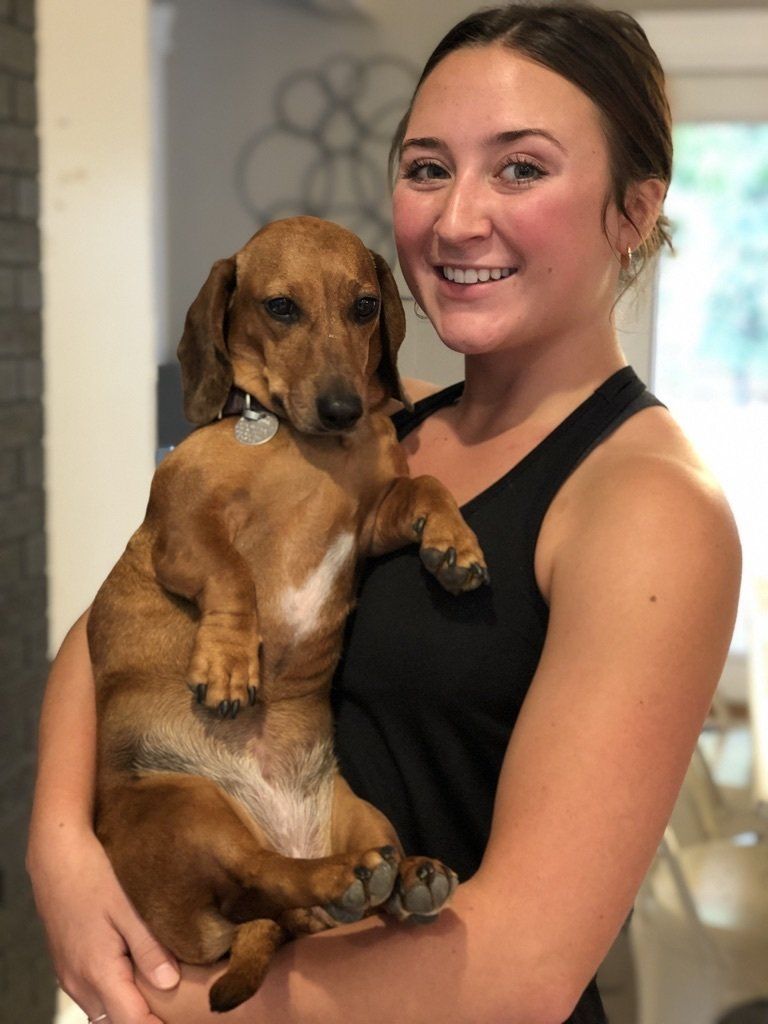 A woman is holding a brown dog in her arms.