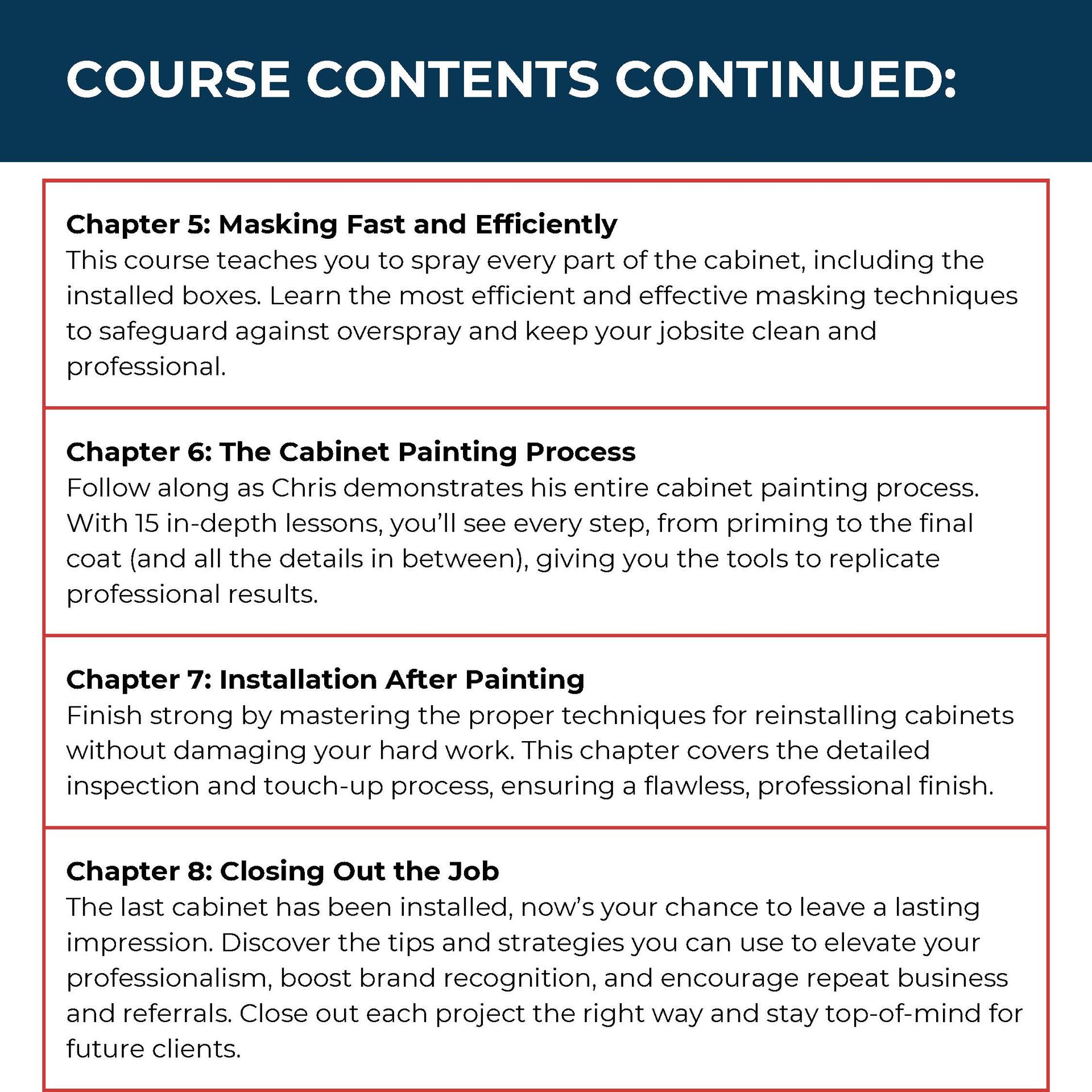 Paint Life Online Cabinet Refinishing course description thumbnails.