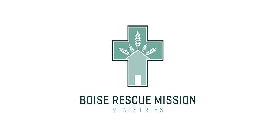 The logo for boise rescue mission ministries is a cross with wheat growing out of it.