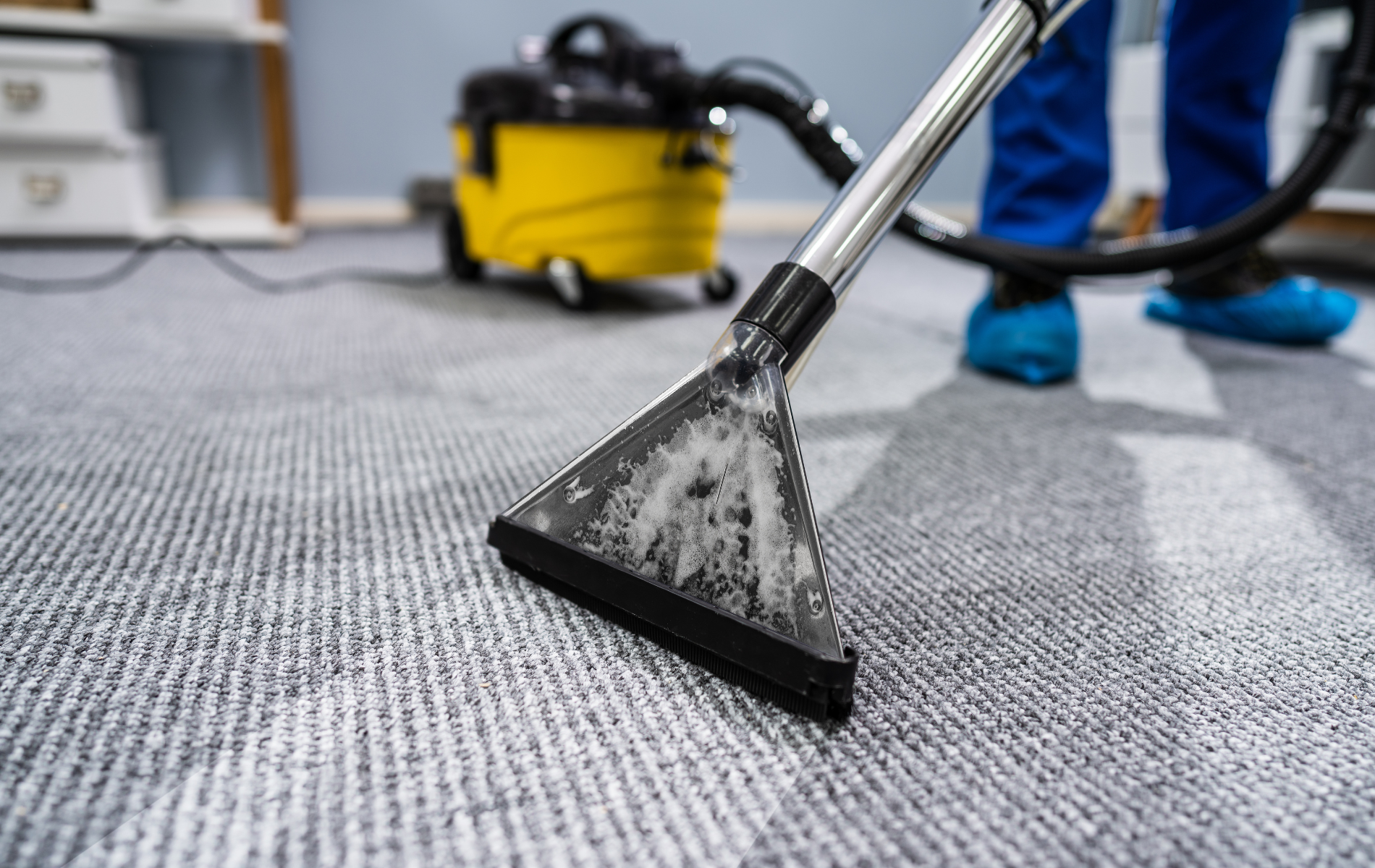 A person is cleaning a carpet with a vacuum cleaner.