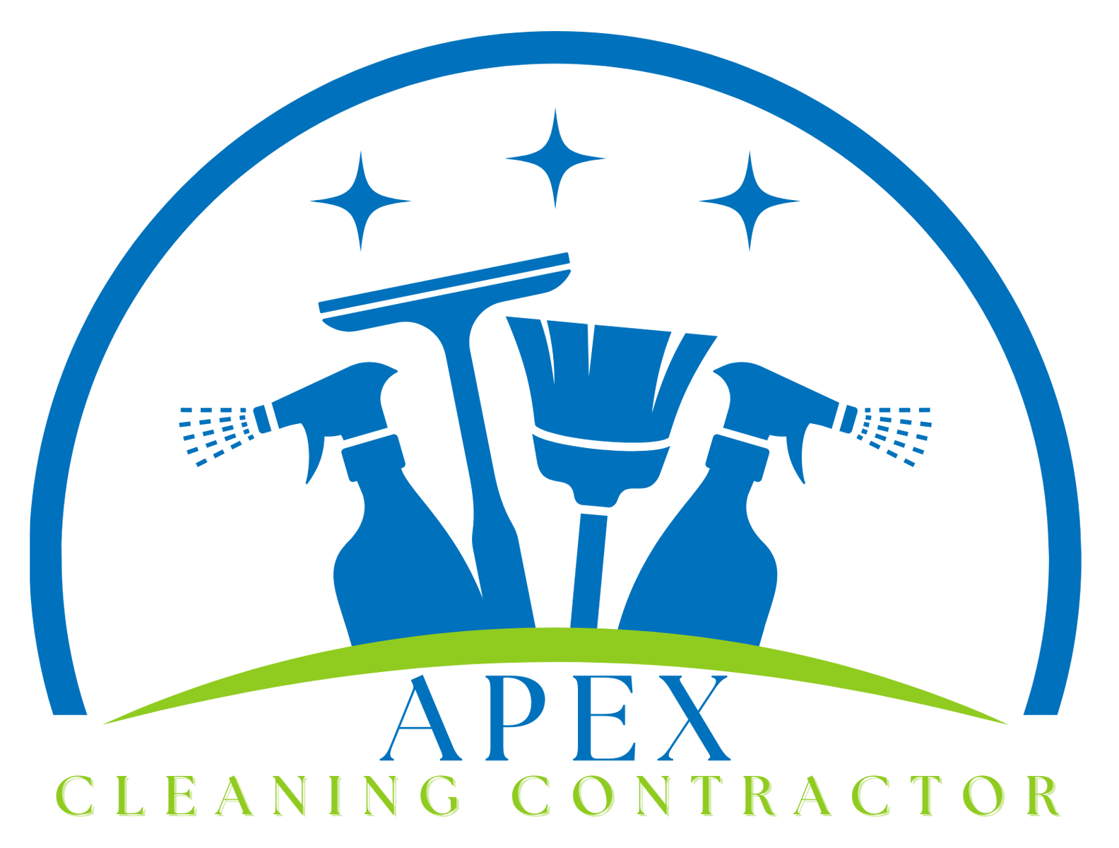 A logo for apex cleaning contractor with spray bottles and a broom