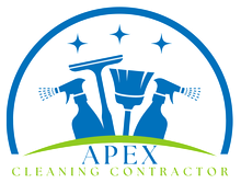 A logo for apex cleaning contractor with spray bottles and a broom