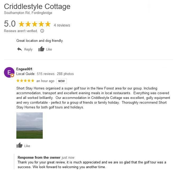 Five-star review from a golf tour guest on our NEw Forest Cottages