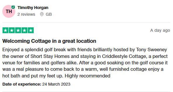 5 star Trip advisor review of Criddlestyle Cottage.  Great location for golf breaks. Warm home too.