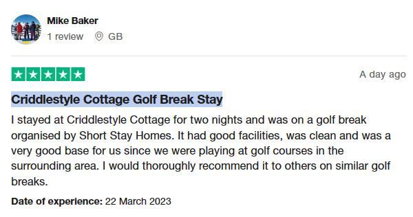 5 star review of Criddlestyle Cottage in Fordingbridge. A great base for golf breaks.