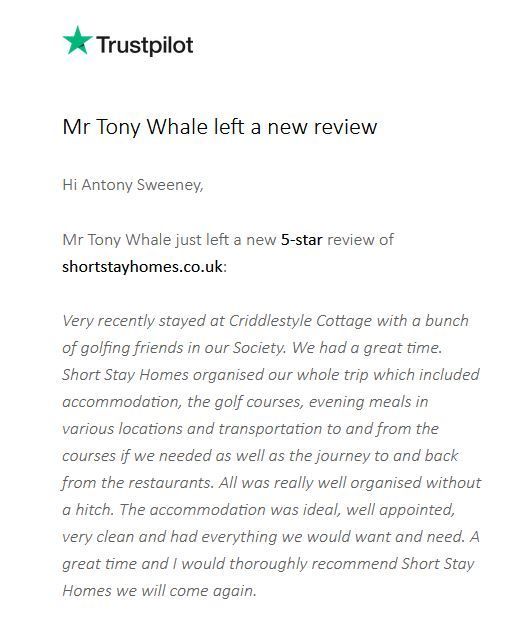 Five-star review of Criddlestyle / New Forest Cottages for the golfing tour.