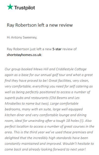Five-star review from a golf tour guest on our NEw Forest Cottages