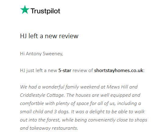 5-star trustpilot review of the New Forest Cottages