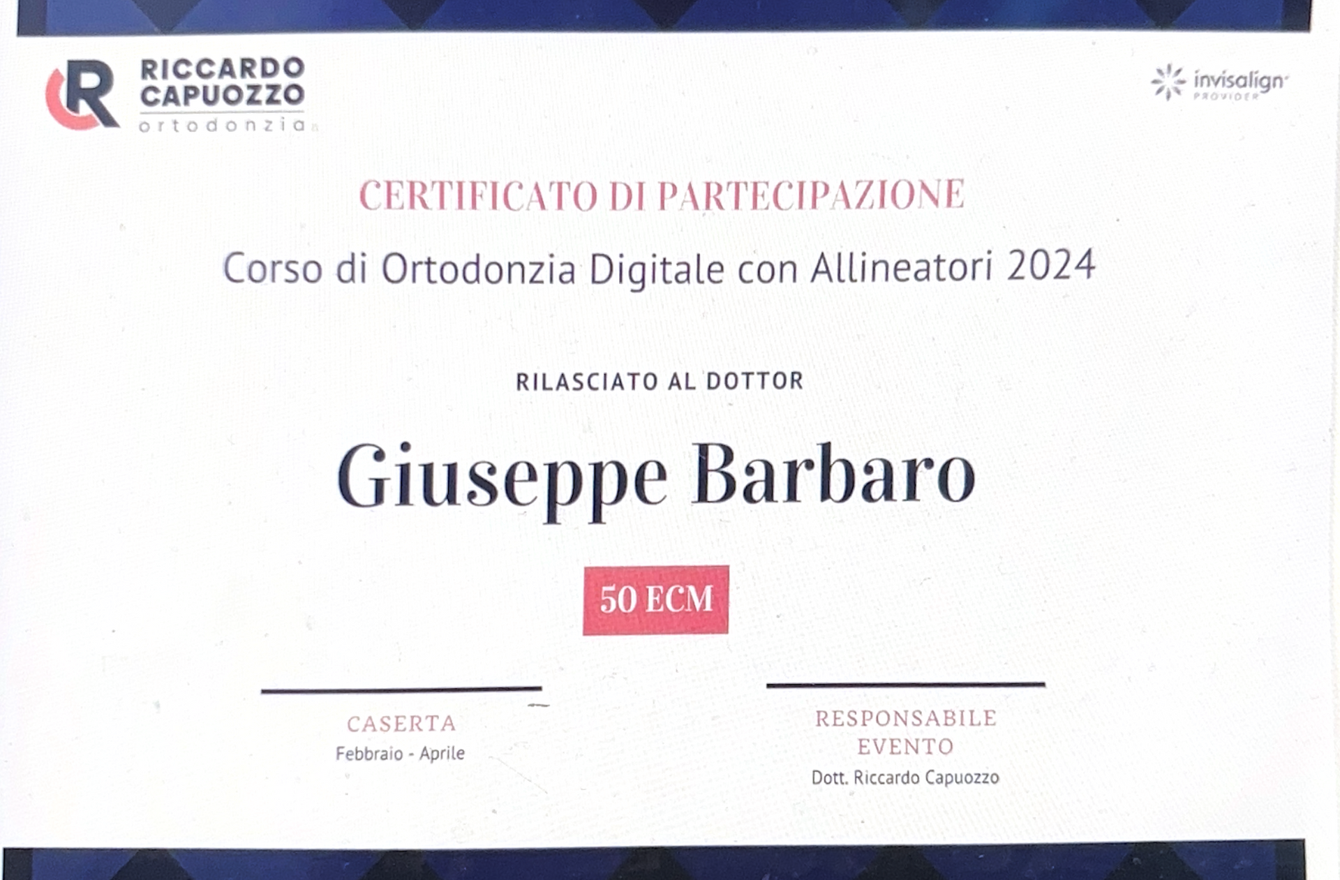 Un certificato che riporta la scritta Giuseppe Barbaro