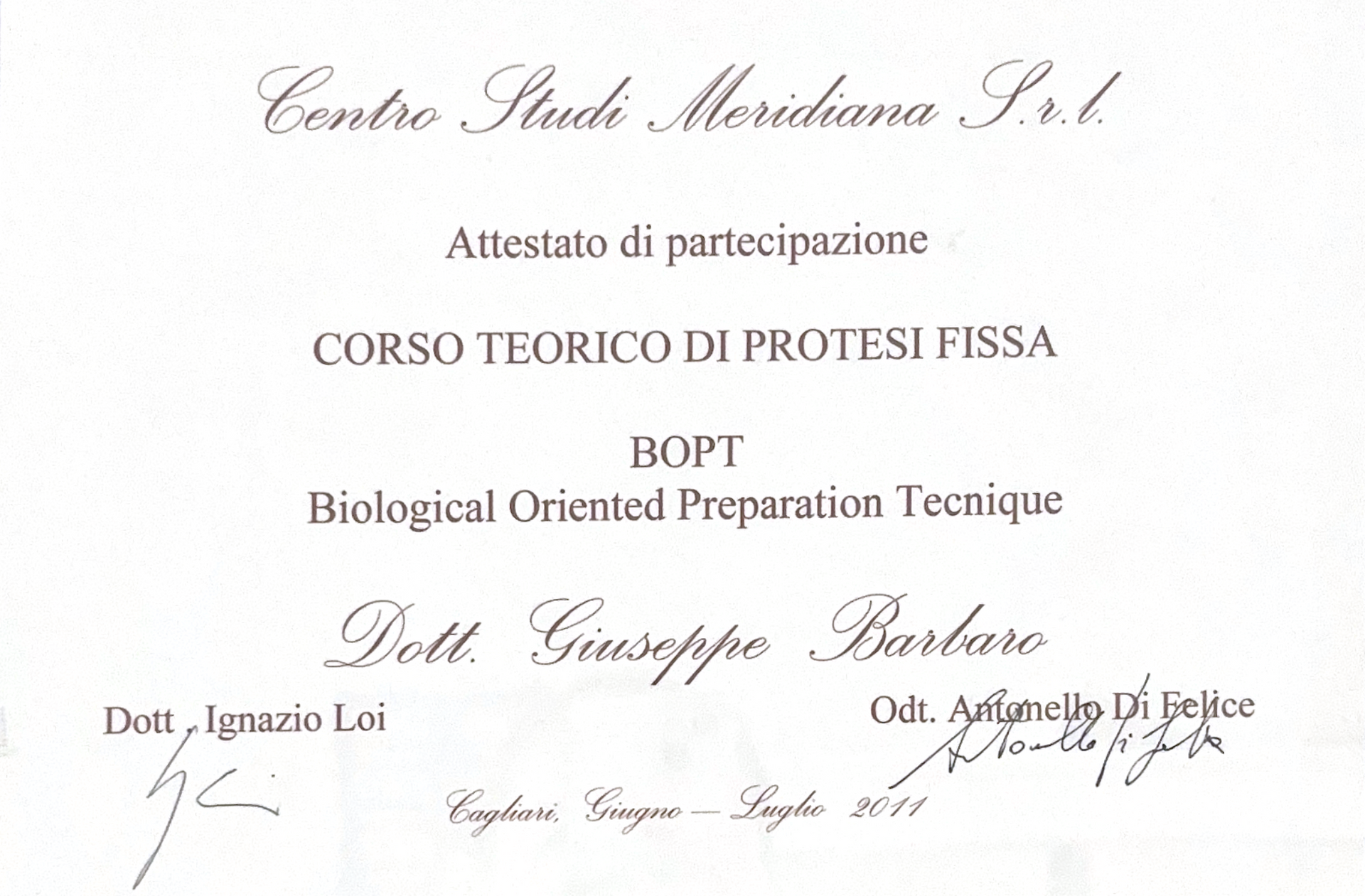Un certificato che riporti la dicitura centro studi meridiana srl