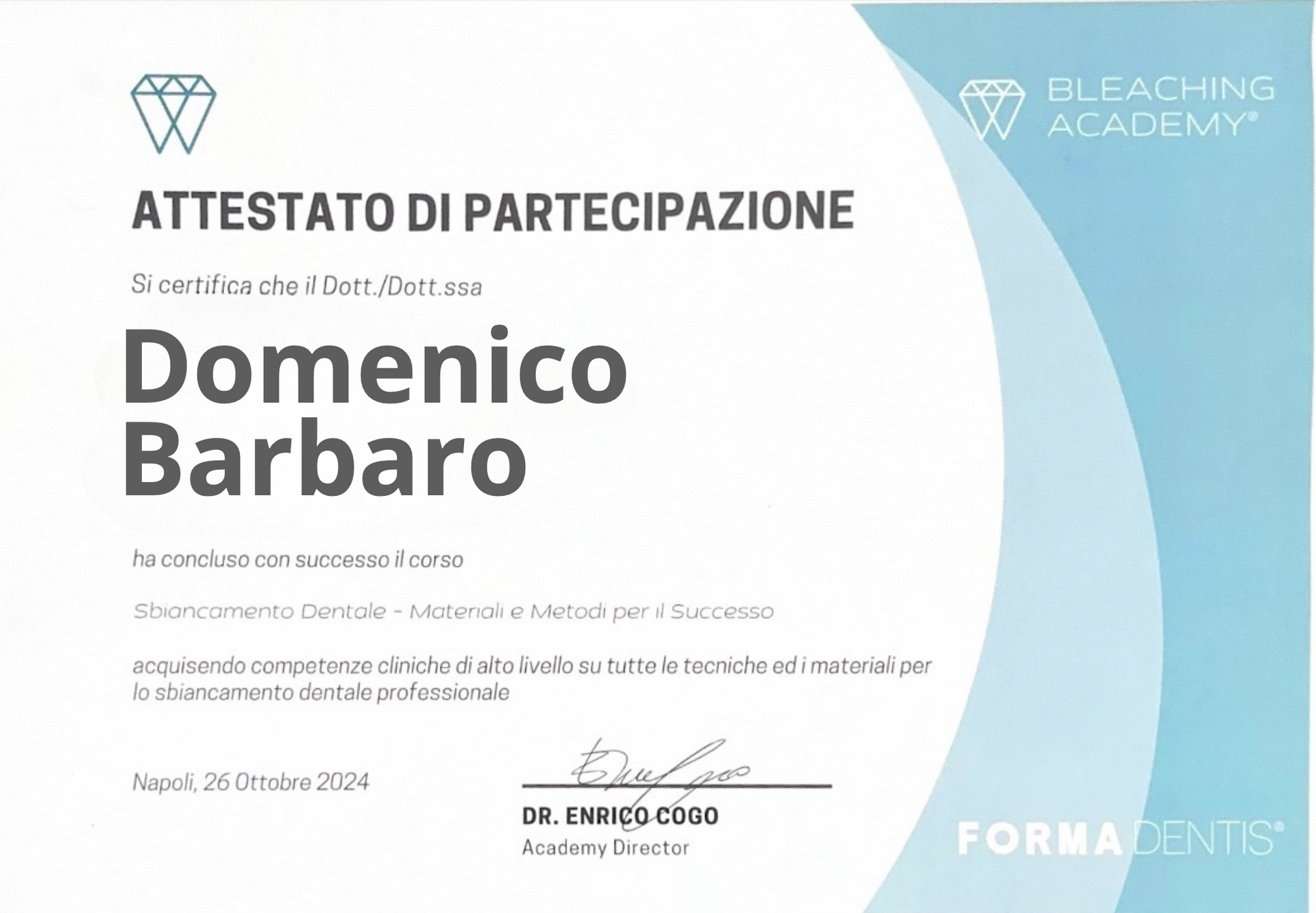 A certificate that says ' attestato di partecipazione ' on it.