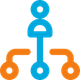 Blue and orange network/hierarchy icon with connected nodes on a white background