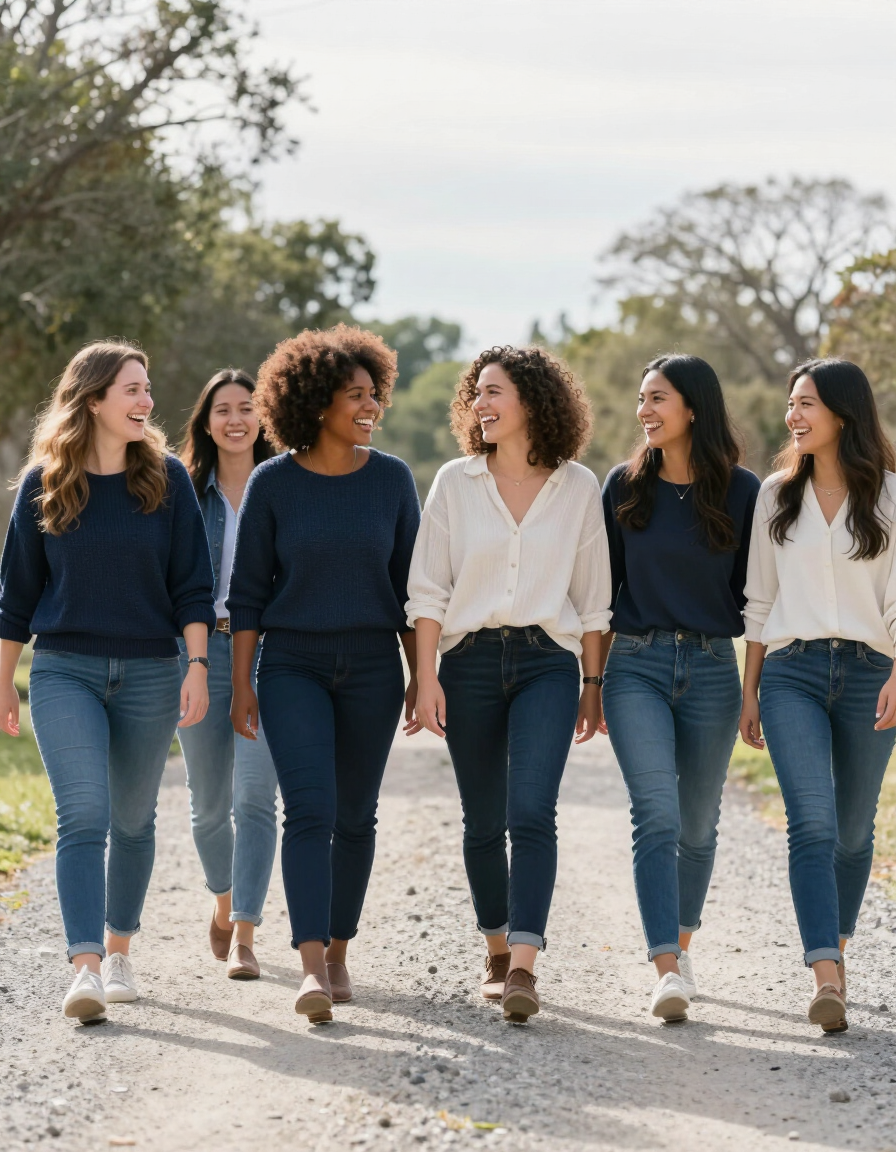Community members walking together on a sunlit path