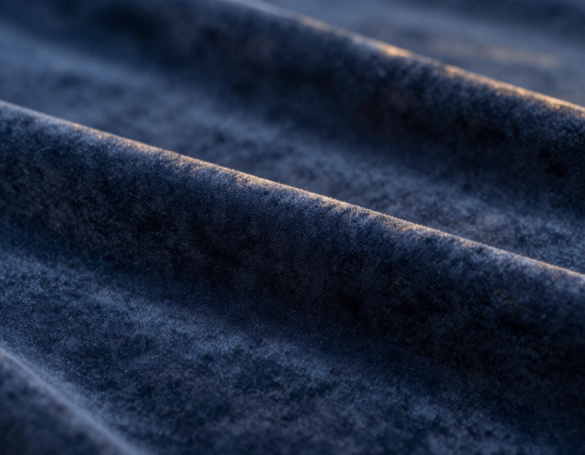 Close-up of dark blue velvet fabric with soft folds and texture