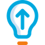 Blue light bulb icon with an upward arrow inside and a small orange base