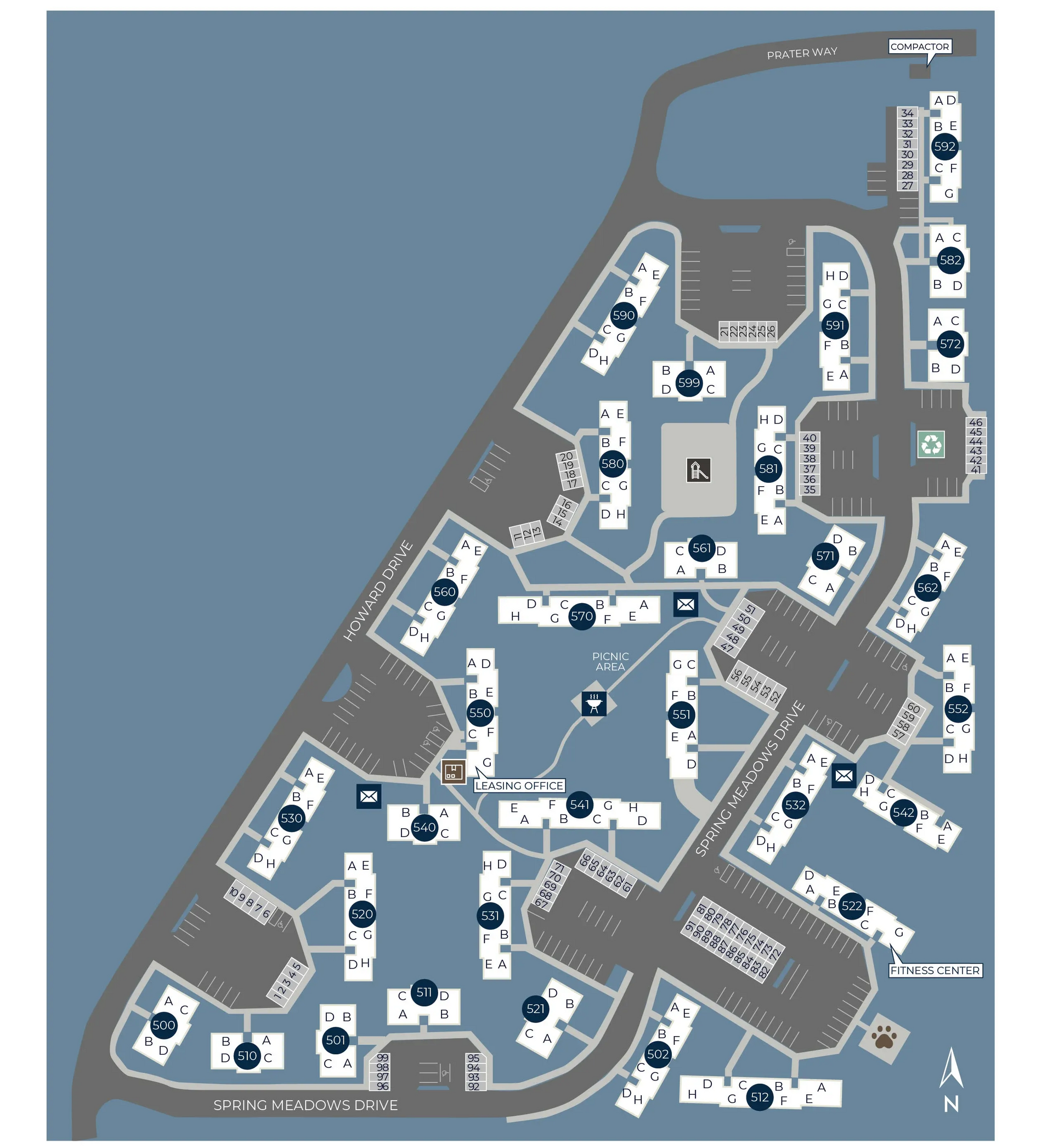 Map of Marina's Edge apartment complex. Shows buildings, parking, roads, and amenities like a pool and gym.