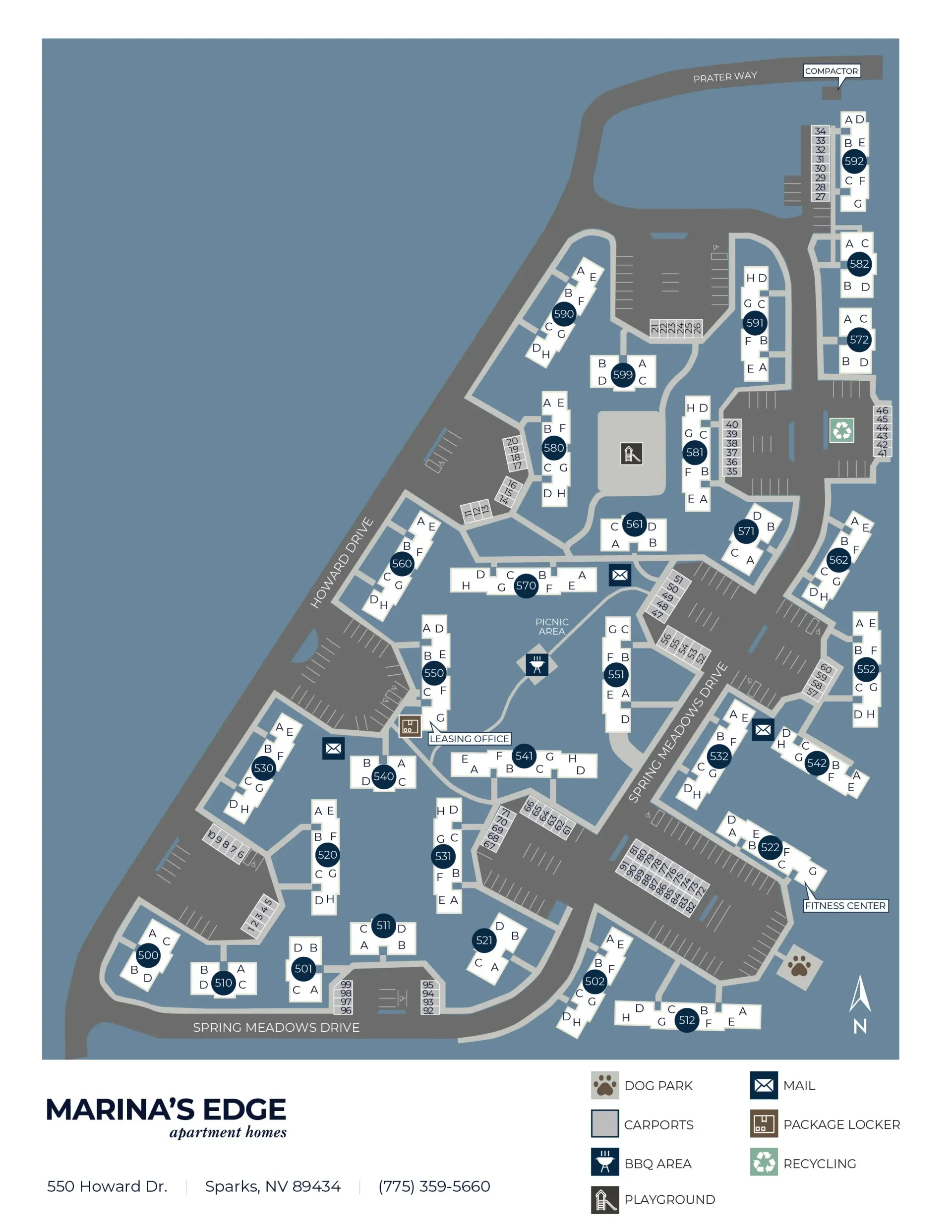 Map of Marina's Edge apartment complex. Shows buildings, parking, roads, and amenities like a pool and gym.